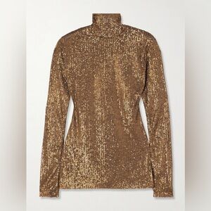 NWT Norma Kamali Gold Sequin Slim Long Sleeve Turtleneck Top NYE Holiday Large